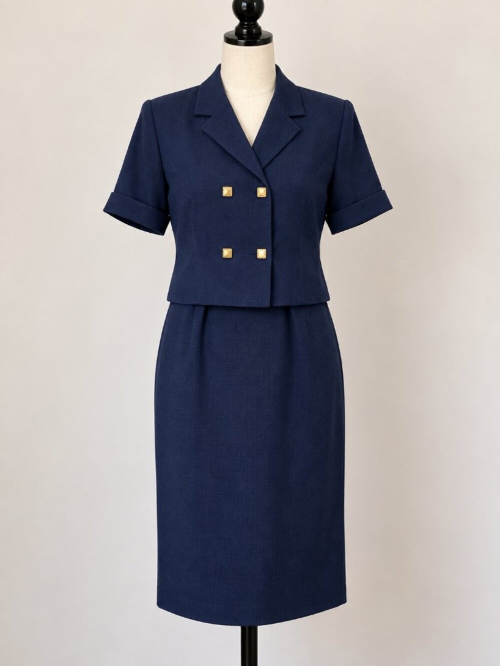 Vintage Navy Blue Jacket Dress Set Size 16 Gold Buttons